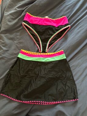 Neon Trim Black Women’s Bikini Bottom & Swim Skirt Set - Pink & Mint